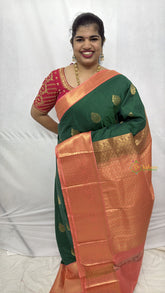 Vriksham Green With Pink Border Minakari Work & Full Silver Zari Kanchi Silk Saree-VS4781